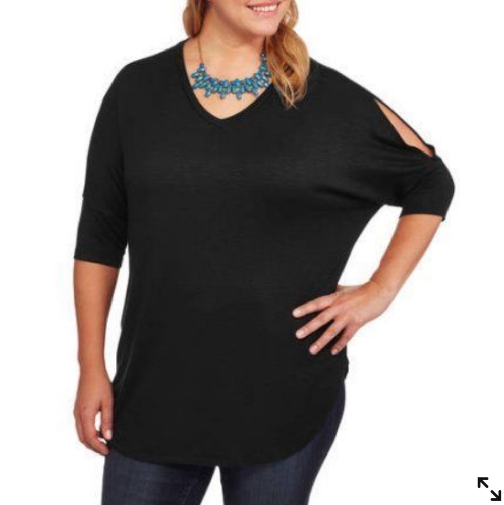 Faded Glory Black Cold Shoulder Knit Top V-neck